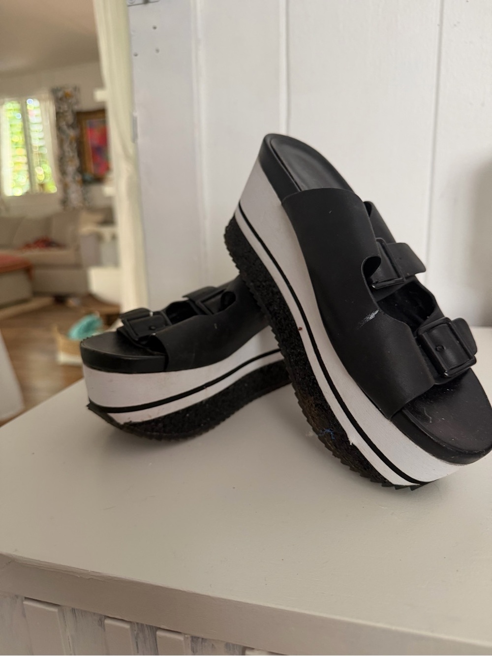 Aldo Black and White Platform Slide Sandals with Dual Buckles